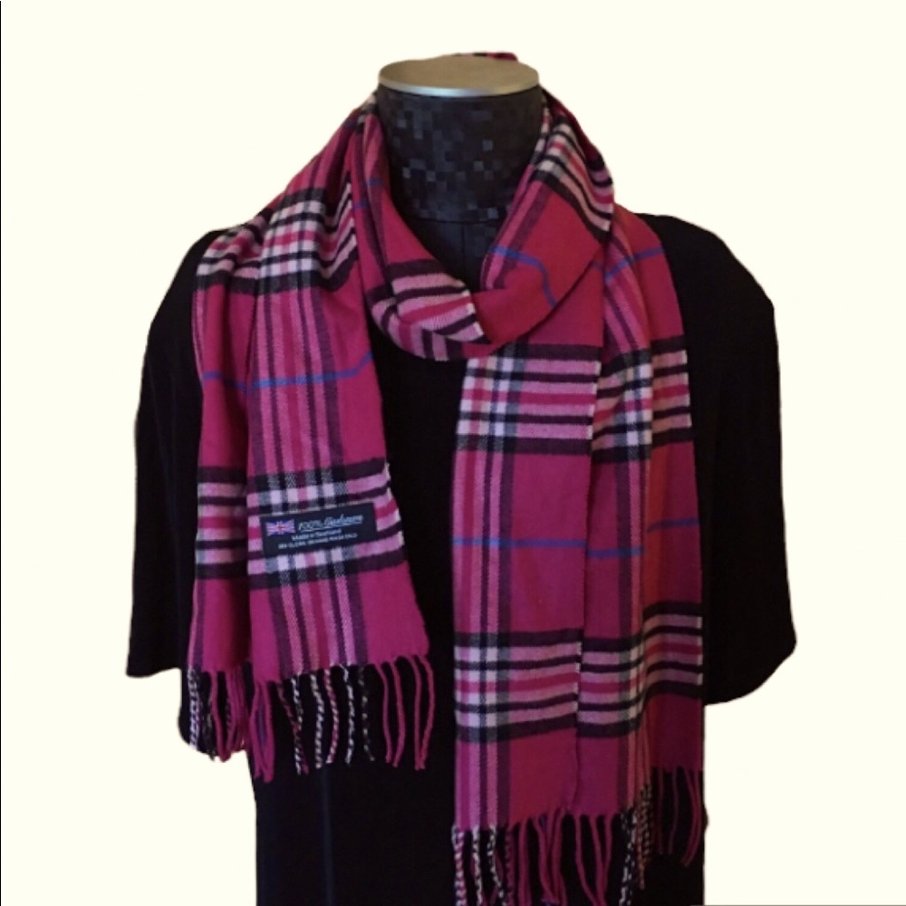 Cashmere scarf in Pink Blue Black Measures 12 1/2" wide by 66" & 3” fringe
